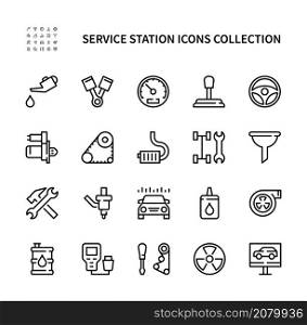 Car service linear vector icons set. Service station. Steering wheel, piston, starter, chain, computer diagnostics, oil, injector, turbine, chassis and much more. Car service icons collection.. Car service vector line icons. Service station icon collection on white background. Car service symbol vector set.