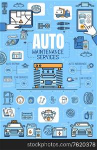 Car service, mechanic auto diagnostic and vehicle restoration garage thin line poster. Vector car wash, automobile spare parts of engine spark plugs, GPS navigation installation, tire pumping service. Car repair, diagnostic mechanic service station