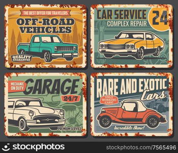 Car service, mechanic maintenance and automobile repair rusty metal plates. Vector old rare vintage cars service and rental, off-road vehicles diagnostics and auto transport repair garage station. Auto service, car repair garage rusty plates