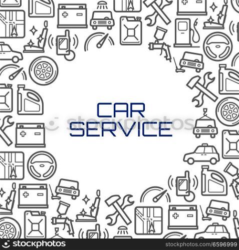 Car service poster or auto parts and spare parts thin line icons. Vector car mechanics design of motor engine and wheel tires, exhaust pipe and windshield, speedometer or accumulator and brake. Vector line icons poster of car service tools