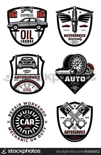 Car service retro badges for repair workshop and auto part shop design. Car, wheel and tire, spark plug, piston and wrench on vintage shields for garage or mechanic service emblem template. Car repair shop and auto service vintage badges