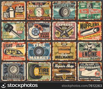 Car service rusty metal plates, vintage rust signs. Mechanic garage station vector grunge posters, transportation advertising signs. Car engine repair station, vehicle spare parts shop, rusty plates. Car service rusty metal plates, vintage rust signs