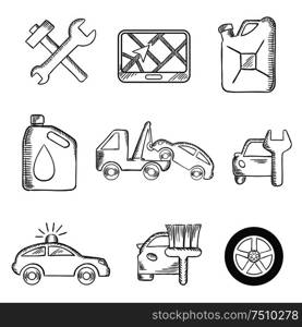 Car service sketch icons including tools, road sign, oil and petrol containers, tow truck, wheel, tyre, jerry can, police, car wash and garage. Car service sketch icons set