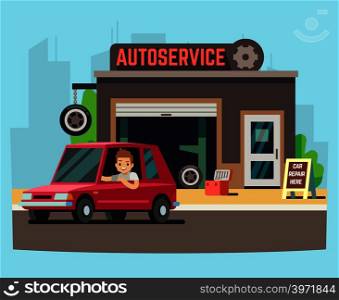 Car service station or repair garage with happy customer vector illustration. Service for repair car machine. Car service station or repair garage with happy customer vector illustration