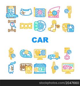 Car Service Technical Maintenance Icons Set Vector. Car Service Worker With Equipment For Repair And Computer Diagnostic Digital Analyzing, Changing Oil In Gearbox And Engine Line. Color Illustrations. Car Service Technical Maintenance Icons Set Vector