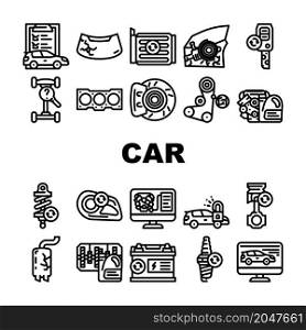 Car Service Technical Maintenance Icons Set Vector. Car Service Worker With Equipment For Repair And Computer Diagnostic Digital Analyzing, Changing Oil In Gearbox Engine Black Contour Illustrations. Car Service Technical Maintenance Icons Set Vector