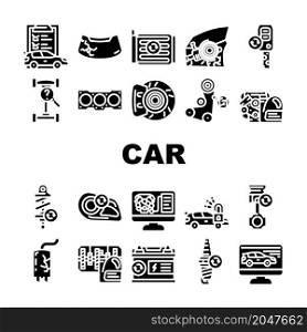 Car Service Technical Maintenance Icons Set Vector. Car Service Worker With Equipment For Repair And Computer Diagnostic Digital Analyzing, Changing Oil In Gearbox Glyph Pictograms Black Illustrations. Car Service Technical Maintenance Icons Set Vector