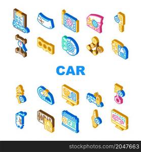 Car Service Technical Maintenance Icons Set Vector. Car Service Worker With Equipment For Repair Computer Diagnostic Digital Analyzing Changing Oil In Gearbox Engine Isometric Sign Color Illustrations. Car Service Technical Maintenance Icons Set Vector