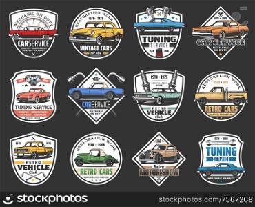 Car service, vehicles maintenance, diagnostics and repair garage station isolated icons. Vector vintage cars motor club, transport engine repair and tuning service station. Auto service, car tuning and maintenance