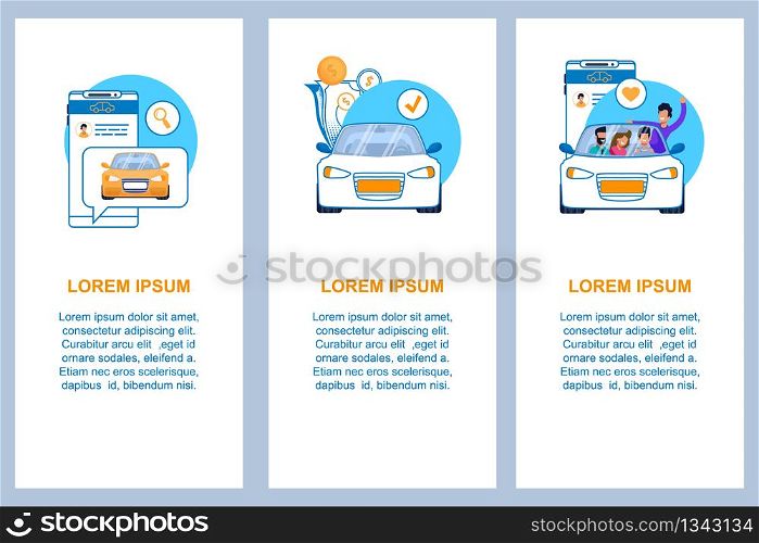 Car Service Vertical Flat Banner Set. Illustration of Modern Automotive Ride Business Concept. Carsharing, Carpooling or Taxi Advertisement. Mobile Phone Application with Chat for Order.. Car Service Vertical Flat Banner Set. Commercial.