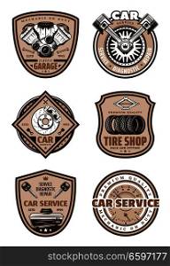 Car service vintage retro icon for automobile tires shop or mechanic repair center. Vector signs set of car, oil or petrol fuel canister engine piston and brakes for car diagnostics and garage station. Car garage service vector icons