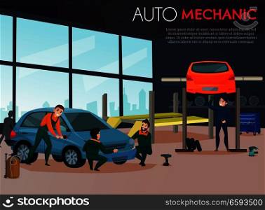 Car service with auto mechanic and maintenance symbols flat vector illustration. Car Service Illustration
