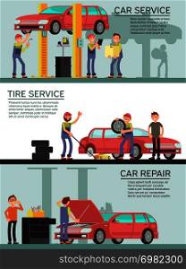 Car services and auto garag vector marketing banners with cartoon mechanic worker. Car service and tire service, repair transport maintenance illustration. Car services and auto garag vector marketing banners with cartoon mechanic workers