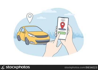 Car sharing and online application concept. Human hands holding smartphone with application of autonomous wireless parking remote connected car sharing service vector illustration. Car sharing and online application concept