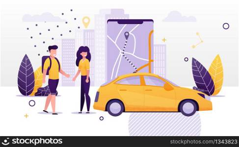 Car Sharing and Rent Service Advertising Cartoong Flat Vector Illustration. Smartphone with Map on Mobile App. Online Rent. Couple Standing near Taxi Car. Man and Woman Ordering Vehicle.