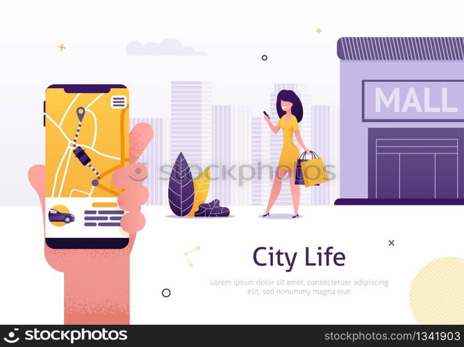 Car Sharing and Rent Service Advertising Web Page Template Banner. Woman with Smartphone for Mobile App. Online Rent Vector Illustration. Girl Standing near Shopping Mall. Hand with Internet Map.. Car Sharing and Rent Service Mobile App Web Page