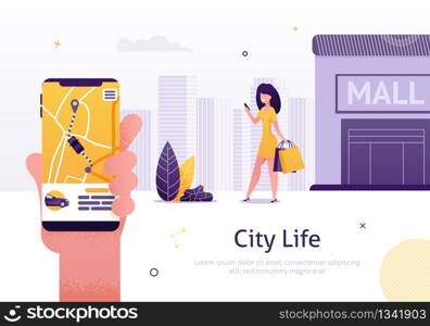 Car Sharing and Rent Service Advertising Web Page Template Banner. Woman with Smartphone for Mobile App. Online Rent Vector Illustration. Girl Standing near Shopping Mall. Hand with Internet Map.. Car Sharing and Rent Service Mobile App Web Page