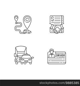 Car sharing and rental service linear icons set. Getting drivers license process. Truck sharing business. Customizable thin line contour symbols. Isolated vector outline illustrations. Editable stroke. Car sharing and rental service linear icons set