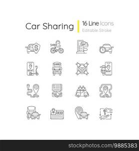 Car sharing and rental service linear icons set. One way carsharing. Parking area for vehicles. Customizable thin line contour symbols. Isolated vector outline illustrations. Editable stroke. Car sharing and rental service linear icons set