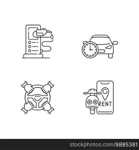 Car sharing and rental service linear icons set. Rent car by hour to use freely. Scooter renting service. Customizable thin line contour symbols. Isolated vector outline illustrations. Editable stroke. Car sharing and rental service linear icons set