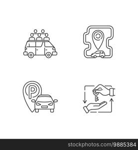 Car sharing and rental service linear icons set. Share taxi services for many people. Customizable thin line contour symbols. Isolated vector outline illustrations. Editable stroke. Car sharing and rental service linear icons set