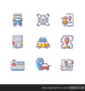 Car sharing and rental service RGB color icons set. Getting cars and trucks for long or short term from another people. Isolated vector illustrations. Car sharing and rental service RGB color icons set