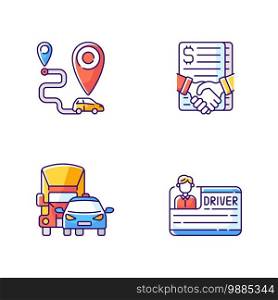 Car sharing and rental service RGB color icons set. Getting drivers license process. Truck sharing business creation. Isolated vector illustrations. Car sharing and rental service RGB color icons set