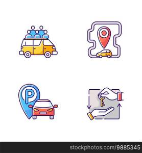 Car sharing and rental service RGB color icons set. Share taxi services for many people. Roundtrip carsharing facility. Isolated vector illustrations. Car sharing and rental service RGB color icons set