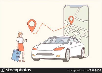 Car sharing, application, online renting concept. Young woman cartoon character with suitcase standing and making order for car sharing on smartphone in special application vector illustration . Car sharing, application, online renting concept