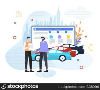 Car Sharing, Buying or Renting Service Advertising Cartoon Flat Vector Illustration. Person Choosing Vehicle and Signing Contact. Man Ordering Sport Car. Two Characters Shaking Hands.
