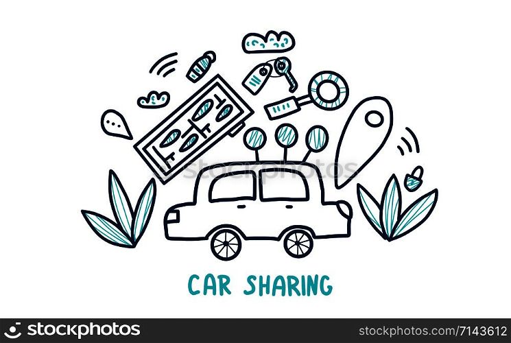 Car sharing concept in doodle style. Hand lettering with symbols. Vector illustration.