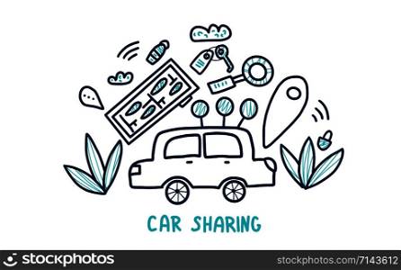 Car sharing concept in doodle style. Hand lettering with symbols. Vector illustration.