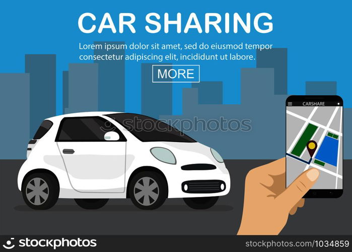 car sharing concept,white car and hand holding smartphone with carsharing app,flat vector illustration. car sharing concept,white car and hand holding smartphone with c