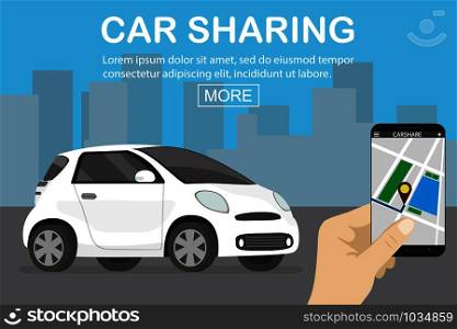 car sharing concept,white car and hand holding smartphone with carsharing app,flat vector illustration. car sharing concept,white car and hand holding smartphone with c