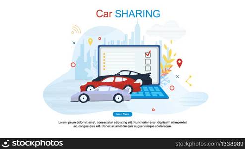 Car Sharing Flat Cartoon Banner Vector Illustration. Choosing Car for Rent or Buying. Computer Service, Website with Different Vehicles. Order Suitable Transport. Aotopool in Front Laptop.