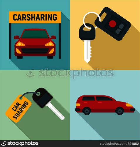 Car sharing icons set. Flat set of car sharing vector icons for web design. Car sharing icons set, flat style