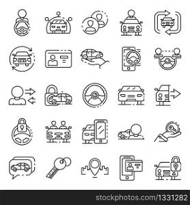 Car sharing icons set. Outline set of car sharing vector icons for web design isolated on white background. Car sharing icons set, outline style