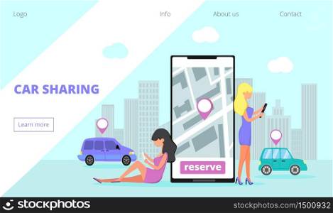 Car sharing landing page and online rent service advertising web page. Tiny girls are standing on road, near big smartphone. People are trying find available auto. Business concept for mobile app.. Car sharing landing page and online rent service advertising web page.