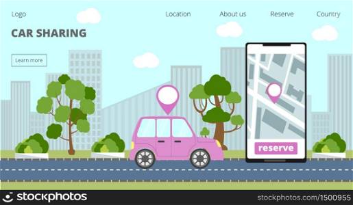 Car sharing landing page and online rent service advertising web page. Big smartphone and available auto are on the city road. Business concept for mobile app.. Car sharing landing page and online rent service advertising web page.