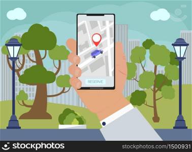 Car sharing landing page and online rent service advertising web page vector. Man&rsquo;s hand is holding smartphone. Businessman is standing on road, near city park and trying to find available auto.. Car sharing landing page and online rent service advertising web page vector.
