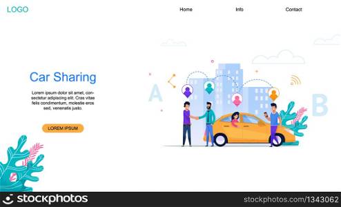 Car Sharing landing Page. City Automobile Network. Cityscape with People near Yellow Taxi. Woman in Back Sit. Passenger Route Search. Autumobile Ride Carsharing Service. Order Application.. Car Sharing landing Page. Taxi Automobile Network.