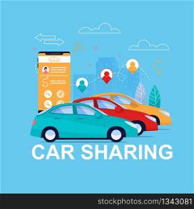 Car Sharing Online. Automobile Transport Rent App. Vehicle on Cityscape and Client Cell Phone with Reservation Interface Design Concept. Geo Point Pictogram With People. Taxi on City Layout.. Car Sharing Online. Automobile Transport Rent App.