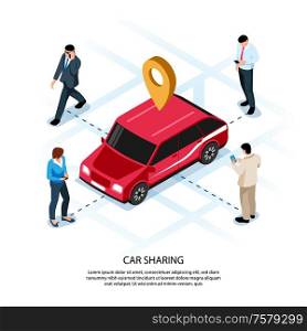 Car sharing people isometric advertising composition mobile app with red vehicle on interactive map location vector illustration