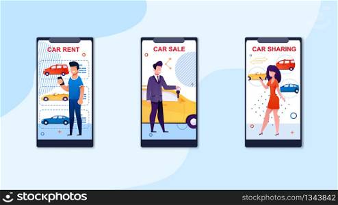 Car Sharing, Sale and Rent Service Advertising Cartoon Flat Banner Vector Illustration. Smartphone Screens with People Choosing Vehicles. Man and Woman Ordering Different Vehicle.