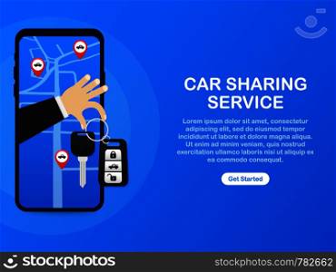 Car sharing service advertising web page template. Banner of Rent auto service. Trading cars and rental cars. Web Site, Advertising like Hand and Key. Vector illustration.