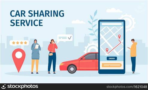 Car sharing service. Big smartphone screen with mobile app and people ordering cars for share or rent. Flat online carsharing vector concept. Booking or renting car for trip in application. Car sharing service. Big smartphone screen with mobile app and people ordering cars for share or rent. Flat online carsharing vector concept