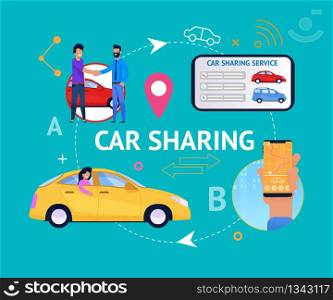 Car Sharing Service Cycle. Vector Infographics. Young People Connect Together for Travel. Search Transport on Tablet or Smartphone. Collaborative Vehicle Rent. Carsharing Illustration.. Car Sharing Service Cycle. Vector Infographics.