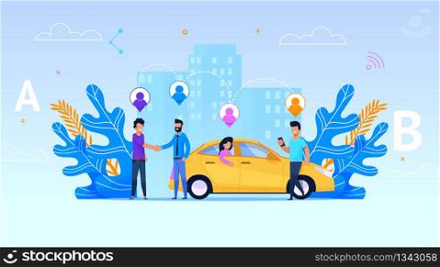 Car Sharing Service Illustration. Yellow Taxi with Girl. Infografic Destination Points and Transitional Geolocation. Man with Smartphone Meet each other. Automobile Pooling Service.. Car Sharing Service Illustration. Yellow Taxi.