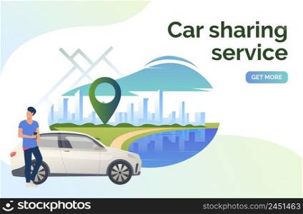 Car sharing service lettering, man, car and cityscape. Transport, vehicle concept. Presentation slide template. Vector illustration can be used for topics like business, navigation, transportation
