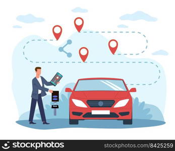 Car sharing service, rental automobile. Businessman standing near red auto, hold smartphone, application with location mark and route, vehicle remote parking, vector cartoon flat isolated concept. Car sharing service, rental automobile. Businessman standing near red auto, hold smartphone, application with location mark and route, vehicle remote parking, vector isolated concept